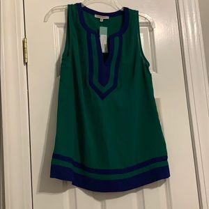 Blue and green sleeveless blouse